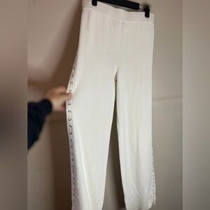 Cream side laced up trim wide leg knit pant